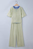 Yellow Stripe Colorblock Trim Crew Neck Loose Tee Drawstring Elastic Waist 2pcs Pant Set