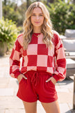 Khaki Checkerboard Plaid Long Sleeve Solid Color Shorts 2pcs Set