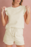 White Plain Bow Jacquard Ruffle Sleeve Shorts Set