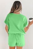 Green Solid Color Puffy Loose Top Drawstring Shorts 2pcs Outfit