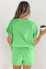 Green Solid Color Puffy Loose Top Drawstring Shorts 2pcs Outfit