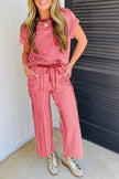 Rose Stripe Crew Neck Tee Drawstring Waist Cropped Pants Set