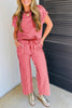 Rose Stripe Crew Neck Tee Drawstring Waist Cropped Pants Set