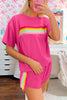 Rose Red Vibrant Striped Detail Athleisure 2pcs Short Set