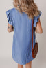 Sky Blue Stripe Frilly Split Neck Shirred Ruffle Sleeve Mini Shift Dress