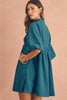 Gold Flame Light Snap Button Empire Waist Lantern Sleeve Corduroy Dress