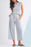 Rose Stripe Casual  Tee and Wide Leg Pants Set