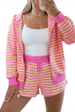 Rose Red Striped Long Sleeve Zip-Up Hoodie Drawstring Elastic Waist 2pcs Short Set