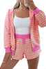 Rose Red Striped Long Sleeve Zip-Up Hoodie Drawstring Elastic Waist 2pcs Short Set
