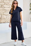 Navy Blue Stylish Textured Loose Fit T Shirt and Drawstring Pants Set