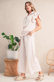 Black Textured Ruffle Sleeve Zipped Top and Wide Leg Pants Set
