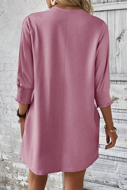 Pink Shirred Cuff 3/4 Sleeve T Shirt Mini Dress