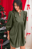 Moss Green Split Neck Scallop Detail Pleated Corduroy Mini Dress