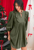 Moss Green Split Neck Scallop Detail Pleated Corduroy Mini Dress