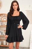 Black Solid Color Long Sleeve Shirred Drawstring Ruffle Mini Dress