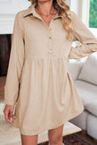 Black Corduroy Half Button Collared Long Sleeve Mini Dress