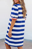 Blue Stripe Contrast Trim Round Neck Short Puff Sleeve Shift Mini Dress