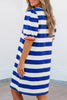 Blue Stripe Contrast Trim Round Neck Short Puff Sleeve Shift Mini Dress