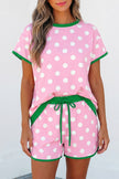 Pink Polka Dot Contrast Edge Casual Short Set
