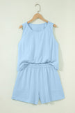 Beige Stitched Detail Loose Tank Top Cotton 2pcs Short Set