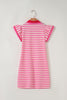 Green Striped Ruffle Short Sleeve Pop of Color Neckline Dress