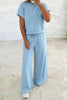 Mist Blue Solid Color Loose Tee Drawstring Wide Leg Pants 2pcs Outfit