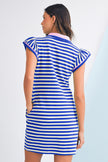 Green Striped Ruffle Short Sleeve Pop of Color Neckline Dress