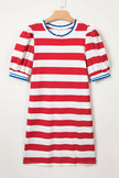 Blue Stripe Contrast Trim Round Neck Short Puff Sleeve Shift Mini Dress