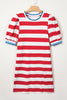 Blue Stripe Contrast Trim Round Neck Short Puff Sleeve Shift Mini Dress
