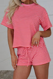 Rose Stripe Side Split Knit Tee Drawstring Shorts Set