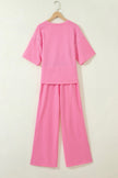Sachet Pink Lace Patchwork Half Sleeve Top Elastic Waist Pants Two Piece Set