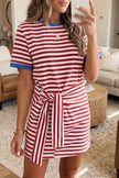 Sky Blue Stripe Nautical Tie Contrast Trim Round Neck T Shirt Mini Dress
