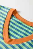 Yellow Stripe Colorblock Trim V Neck Tee Drawstring Elastic Waist Short Set