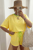 Yellow Stripe Contrast Neck Loose Tee and Drawstring Shorts Set