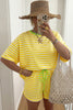 Yellow Stripe Contrast Neck Loose Tee and Drawstring Shorts Set