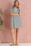 Black Stripe Collared Puff Sleeve Pocketed Mini Dress