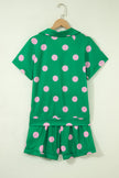 Pink Polka Dot Print V Neck Tee Short Set