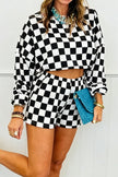 Pink Plaid Checkered Long Sleeve Crop Top Elastic Waist Shorts Two Piece Set