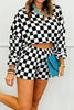 Pink Plaid Checkered Long Sleeve Crop Top Elastic Waist Shorts Two Piece Set