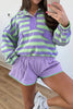 Purple Stripe Half Button Long Sleeve Top Mix and Match Shorts 2pcs Set