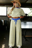 Yellow Stripe Colorblock Trim Crew Neck Loose Tee Drawstring Elastic Waist 2pcs Pant Set