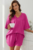 Black Solid Color Waffled V Neck Loose Tee Drawstring Shorts Set