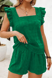 Fiery Red Textured Square Neck Top and Shirred High Waist Shorts Set