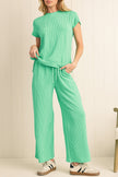 Bright Pink Solid Corded Short Sleeve T Shirt and Wide Leg Pants Set
