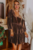 Chicory Coffee Solid Color Velvet V Neck Long Sleeve Tiered Mini Dress