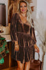 Chicory Coffee Solid Color Velvet V Neck Long Sleeve Tiered Mini Dress