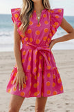 Rose Double Polka Dot V Neck Ruffled Short Sleeve Dress
