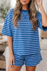 Green Stripe Striped Ribbed Cotton Two-Piece Pant Set with Chest Patch Detail