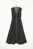 Brown Polka Dot Print Contrast Trim V Neck Zip Up Sleeveless Dress