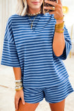 Green Stripe Striped Ribbed Cotton Two-Piece Pant Set with Chest Patch Detail